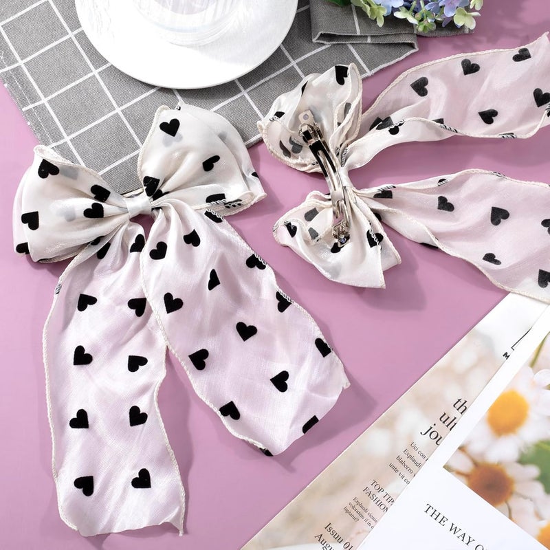 STSTR 2Pcs Large Hair Bow Clips, Silk Yarn Ribbon Bow Hair Barrette for Women, Elegant Long Tail Bowknot French Hair Accessories for Wedding, Parties, Festivals (White Bow Black Heart) - Image 3
